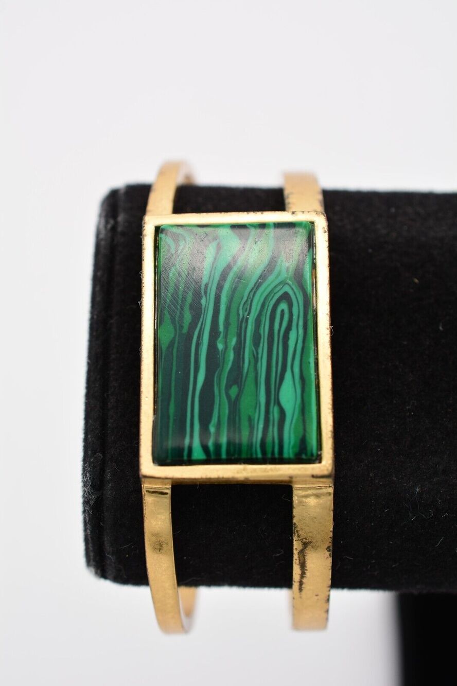 Madewell Cuff Bangle Bracelet Green Inlay Antiqued Brushed Gold Signed BinAW
